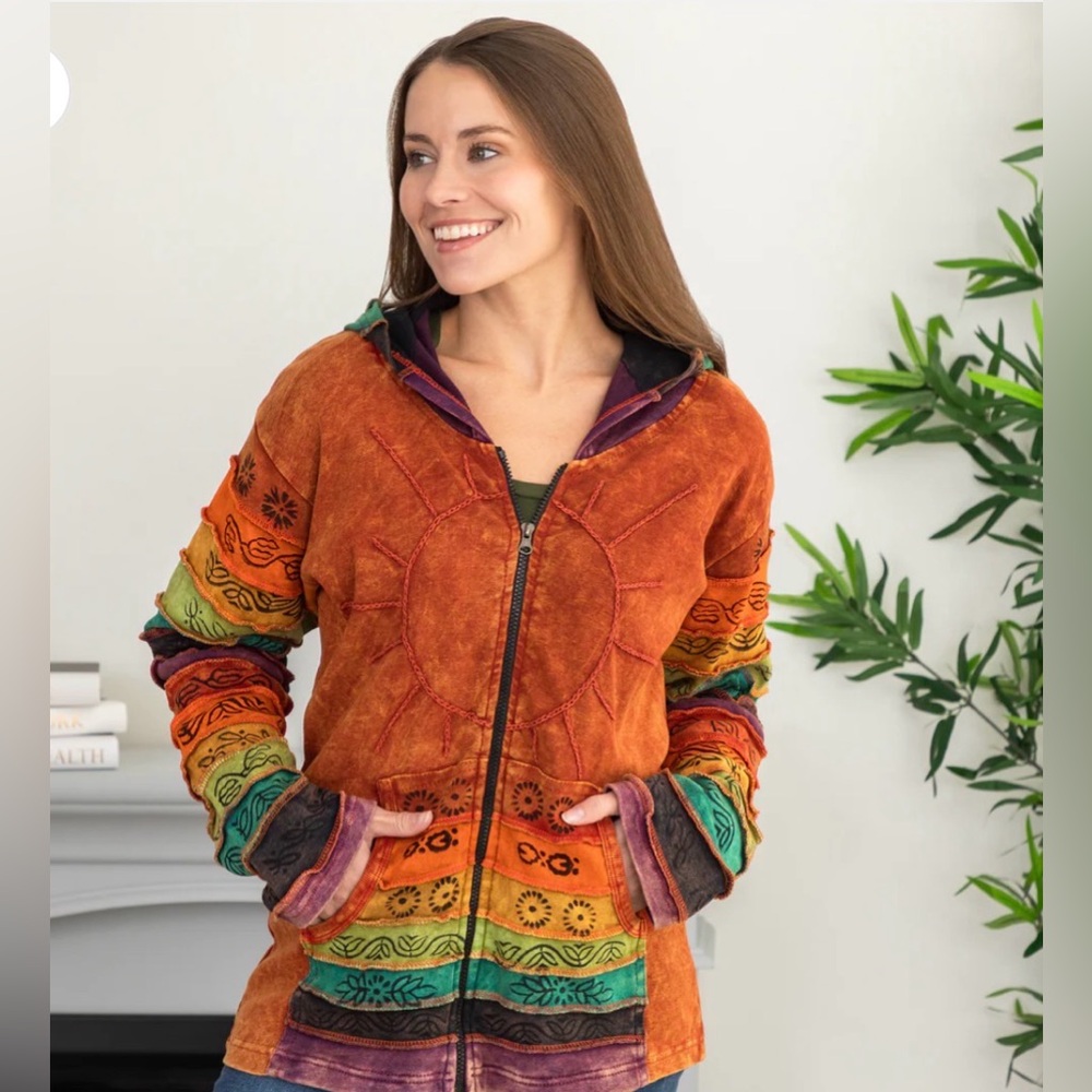 Festival Chic Size S/M Hooded‎ Jacket Sun Graphic Multicolor Patchwork